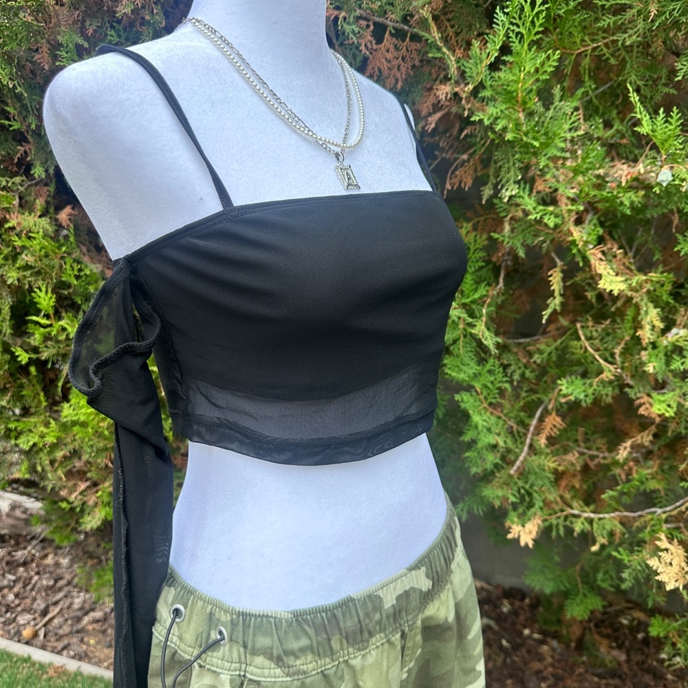SHEIN Black Icon Cold Shoulder Sheer Crop Top size Medium - Picture 2 of 5